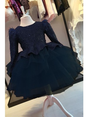 Masho Trend Omzu Tüylü V Sırt Payetli Kız Çocuk Elbise - Çocuk Abiye Elbise - Kız Abiye - Çocuk Mezuniyet Elbisesi