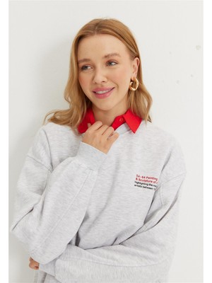 Tubia Kadın Kar Melanj Kırmızı Baskılı Oversize Sweatshirt