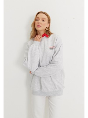 Tubia Kadın Kar Melanj Kırmızı Baskılı Oversize Sweatshirt