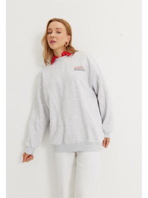 Tubia Kadın Kar Melanj Kırmızı Baskılı Oversize Sweatshirt