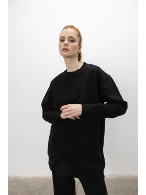 Tubia Oversize Basic 3 İplik Diagonel Kumaş Şardonsuz Uzun Sweatshirt