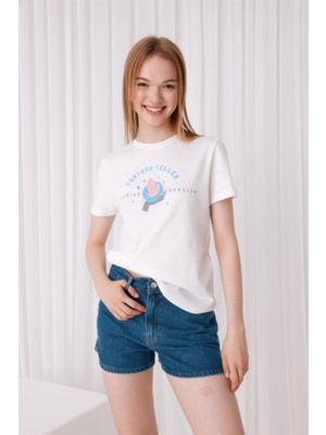 Tubia Kadın Kısa Kollu Fortune Baskılı Beyaz T-shirt