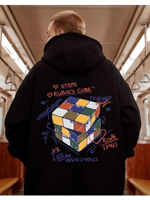 Touz Moda Street Wear Rubik Küp Baskılı Oversize  Siyah Kapşonlu Hoodie Sweatshirt