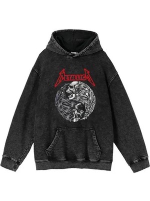 Touz Moda Metallica Baskılı Yıkamalı Vintage  Oversize Kapüşonlu Sweatshirt