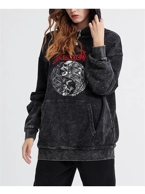 Touz Moda Metallica Baskılı Yıkamalı Vintage  Oversize Kapüşonlu Sweatshirt