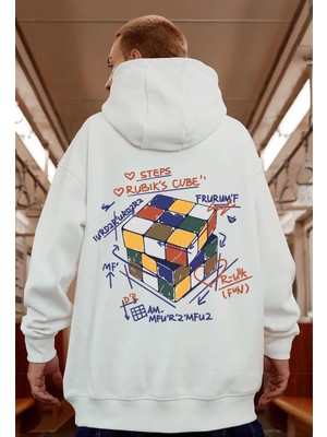 Touz Moda Street Wear Rubik Küp Baskılı Oversize  Ecru Kapşonlu Hoodie Sweatshirt