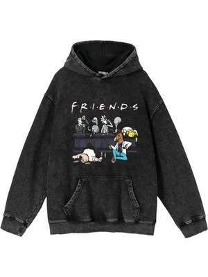 Touz Moda Friends Baskılı Yıkamalı Vintage  Oversize Kapüşonlu Sweatshirt