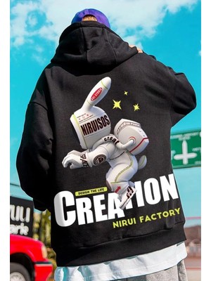 Touz Moda Street Wear Alien Rabbit Baskılı Oversize  Siyah Kapşonlu Hoodie Sweatshirt