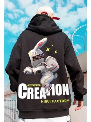 Touz Moda Street Wear Alien Rabbit Baskılı Oversize  Siyah Kapşonlu Hoodie Sweatshirt