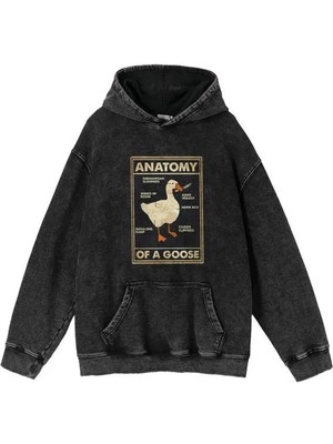 Touz Moda Duck Anatomy Baskılı Yıkamalı Vintage  Oversize Kapüşonlu Sweatshirt