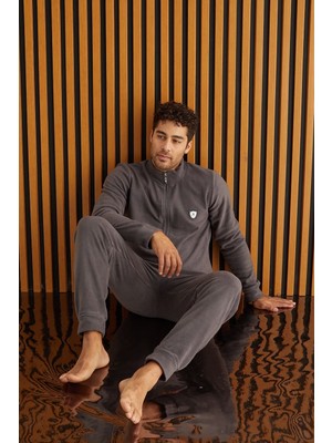 Pijamoni Erkek Polar Fermarlı Pijama Takımı-Antracite