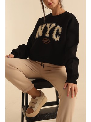 Hebb Club Siyah Nakışlı Nyc Yazılı Baskılı Kadın Şardonlu Sweat