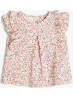 Koton Bluz Çiçekli Fırfırlı Yuvarlak Yaka Arkadan Düğme Kapamalı