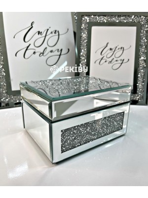 Pekibu Aynalı Mücevher Kutusu Swarovski Taşlı Gümüş 12X15 cm