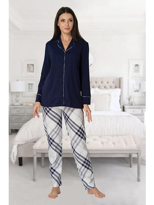Effortt Lohusa Önden Düğmeli Pijama Takımı Lacivert - 8072