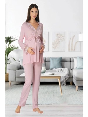 Effortt Effortt pembe Yakası Dantelli Lohusa Pijama Takımı - 8092