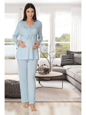 Effortt Effortt mavi Yakası Dantelli Lohusa Pijama Takımı - 8092