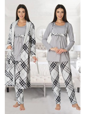 Effortt Lohusa Sabahlıklı Pijama Takımı Gri - 8084