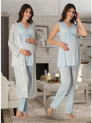 Effortt Lohusa Sabahlıklı Pijama Takımı Mavi - 8034