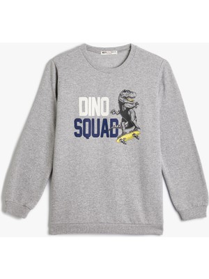 Koton Dinozorlu Sweatshirt Bisiklet Yaka Uzun Kollu Şardonlu Pamuklu