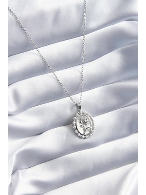 Clariss 316L Çelik Gümüş Renk Gül Model Inci Detay Kadın Kolye