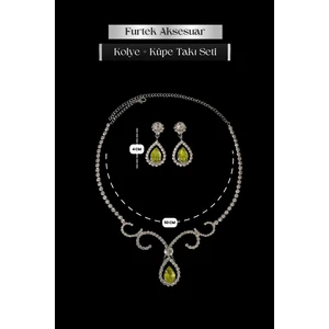 Furtek Aksesuar Kadın Semente Model Sarı Renk Kristal Zirkon Taşlı Gümüş Kaplama Abiye Kombin Kolye Küpe Takı Seti