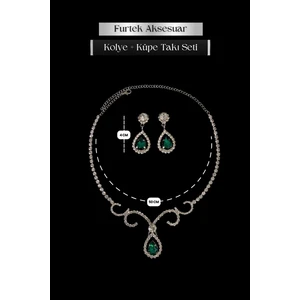 Furtek Aksesuar Kadın Semente Model Zümrüt Renk Kristal Zirkon Taşlı Gümüş Kaplama Abiye Kombin Kolye Küpe Takı Seti