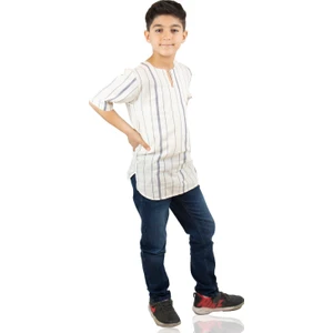Eliş Şile Bezi Kısa Kol Şile Bezi Bisiklet Yaka Erkek Çocuk T-Shirt Ekru Gri Çizgili