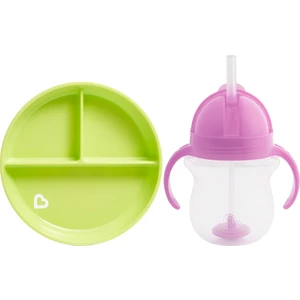 Sabit Vakumlu Beslenme Tabağı &tıklama Uçlu Pipetli  Alıştırma Bardağı 6AY+ Yeşil&mor 2'li Paket
