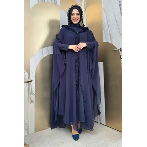 Bym Fashion Kapişonlu Belirli Kısımları Fırfır Detaylı Abayalı Elbise Abiye Takım 3778 Lacivert