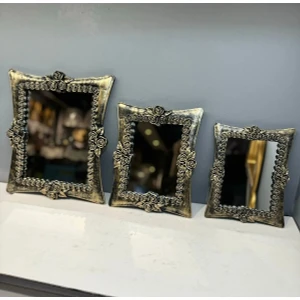 Dekoratif Polyester Üçlü Kare Ayna Takımı Gold-Siyah Eskitme
