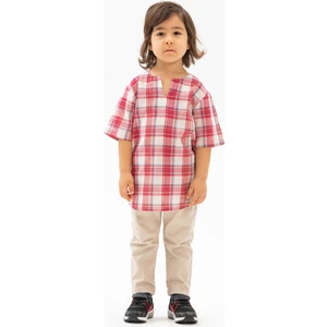 Eliş Şile Bezi Kısa Kol Şile Bezi Bisiklet Yaka Yazlık Erkek Çocuk Tshirt Kırmızı Krem Ekose 3038