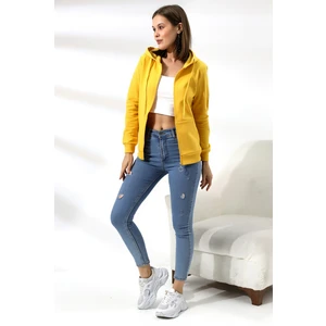 Şardonlu Fermuarlı Kapüşonlu Sweatshirt 19116 Sarı