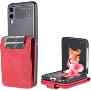Seashell Digital Pu Deri Kart Yuvaları Samsung Galaxy Z Flip3 5g-Kırmızı Için Stand ile Manyetik Toka Anti-Fall Telefon Kapağı (Yurt Dışından)