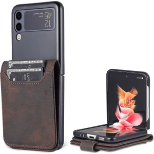 Seashell Digital Pu Deri Kart Yuvaları Manyetik Toka Samsung Galaxy Z Flip3 5g-Brown (Yurt Dışından)