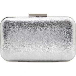 Biçanta Gümüş Gri Lame Renk Kristal Mat Deri Desenli Oval Metal Gümüş Kasalı Zincirli Kadın Abiye Çanta