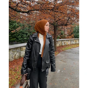 Mero Life Kadın Siyah Oversize Içi Kürklü Kemerli Biker Deri Ceket