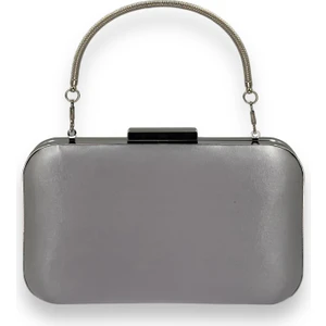 Gri Renk Saten Oval Gümüş Metal Kasalı Metal Saplı Kristal Swarovski Taşlı Kadın Abiye Çanta Kına Gelin Çantası Portföy Clutch Mezuniyet Çantası