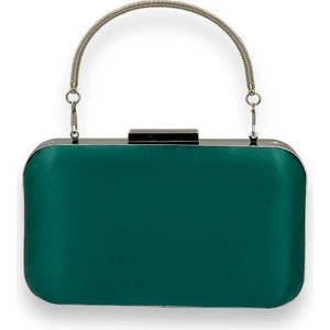 Yeşil Renk Saten Oval Gümüş Metal Kasalı Metal Saplı Kristal Swarovski Taşlı Kadın Abiye Çanta Kına Gelin Çantası Portföy Clutch Mezuniyet Çantası