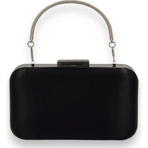 Siyah Renk Saten Oval Gümüş Metal Kasalı Metal Saplı Kristal Swarovski Taşlı Kadın Abiye ÇantaKına Gelin Çantası