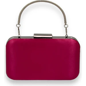 Fuşya Renk Saten Oval Gümüş Metal Kasalı Metal Saplı Kristal Swarovski Taşlı Kadın Abiye Çanta Kına Gelin Çantası Portföy Clutch Mezuniyet Çantası