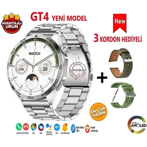 Gt4 Amoled Ekran + 3 Kordonlu + Çelik Kasa Akıllı Saat (2023 Yeni Model)