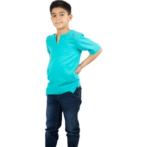 Eliş Şile Bezi Kısa Kol Şile Bezi Bisiklet Yaka Erkek Çocuk T-Shirt Turkuaz