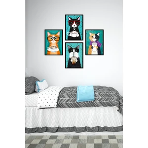 Notpa Dekorize Mdf 4 Parça Çerçeve Görünümlü Kediler Tablo Seti 21X30 Çerçeve Görünümlü
