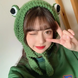 Sonbahar ve Kış Büyük Gözlü Kurbağa Şapka Kapüşonlu El Yapımı Kulak Koruyucu Saç Bandı Şapka Kore Versiyonu Yeşil Sevimli Shrek Örme Yün Büyük Gözlü Kurbağa-Yeşil (Yurt Dışından)