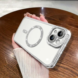 iPhone 15 Uyumlu Kılıf Parlak Taşlı Simli Magsafe Özellikli Kamera Korumalı Esnek Silikon