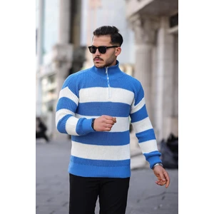 Yarım Fermuar Çizgili Triko Kazak - Mavi