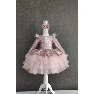 Masho Trend Omzu Tüylü V Sırt Payetli Kız Çocuk Elbise - Çocuk Abiye Elbise - Kız Abiye - Çocuk Mezuniyet Elbisesi