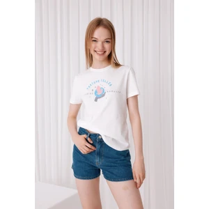 Kadın Kısa Kollu Newport Baskılı Kirli Beyaz T-Shirt