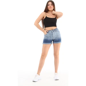 Kadın Varşova Mavi Yüksek Bel Duble Paça Kot Şort Klasik Mini Jean Şort C604